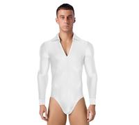 inlzdz Hommes Chemise De Danse Pailletée Manches Longues Body Latin Danse Body Trikot Leotard Bodysuit Avec Encolure En V Tenue De Danse Standard Costume De Danse Blanc S