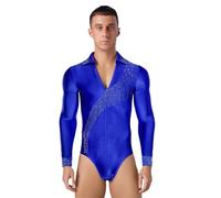 inlzdz Hommes Chemise De Danse Pailletée Manches Longues Body Latin Danse Body Trikot Leotard Bodysuit Avec Encolure En V Tenue De Danse Standard Costume De Danse Bleu marine XXL