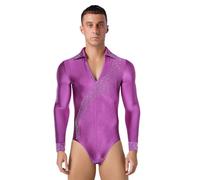 inlzdz Hommes Chemise De Danse Pailletée Manches Longues Body Latin Danse Body Trikot Leotard Bodysuit Avec Encolure En V Tenue De Danse Standard Costume De Danse Violet S