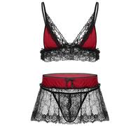 inlzdz Hommes Sissy Ensemble Lingerie Sexy Soutien-Gorge avec String Tanga en Dentelle Transparent Vêtements de Nuit Erotique Gay Travesti Pyjamas Sleepwear M-XL Bourgogne M