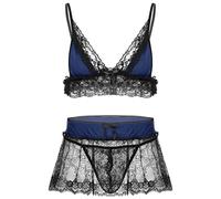 inlzdz Hommes Sissy Ensemble Lingerie Sexy Soutien-Gorge avec String Tanga en Dentelle Transparent Vêtements de Nuit Erotique Gay Travesti Pyjamas Sleepwear M-XL Bleu Marin XL