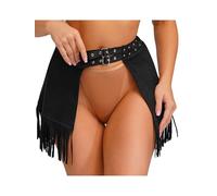 inlzdz Jupe Disco Années pour Femmes avec Franges Et Double Boucles Garniture À Franges Mini Jupe Cowgirl Western Noir S