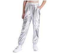 inlzdz Pantalon Brillant Danse Filles Pantalon Resserré aux Chevilles Garcons Enfants Holographique Métallique Pantalon Jazz Disco Danse Hip-hop Argenté 7-8 Ans