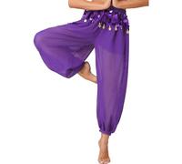 inlzdz Pantalon Danse du Ventre Femme Taille Haute Split Pantalon Danse Orientale à Sequins Pantalon Sarouel Décontracté Fluide Pantalon Bouffant pour Yoga Pilate A Violet Taille Unique