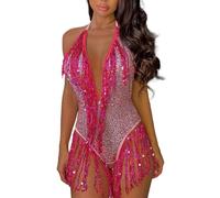 inlzdz Robe Danse Latine Salsa Femme Sexy Bretelles Croisées Bodysuit Dos Nu Robe Danse Samba Rumba Chacha à Paillettes Franges S-L A Rose Vif L