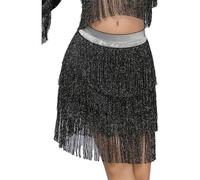 inlzdz Robe De Danse Latine pour Femmes Jupe À Franges Courte Chacha Samba Rock Minijupe Swing Costume De Danse Compétitions De Salon Tenue De Scène Noir Argent L