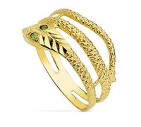 Inmaculada Romero IR Bague Bague pour femme en or 18 carats ornée d'un motif de serpent sculpté, de deux anneaux, d'yeux et d'une pierre vert émeraude