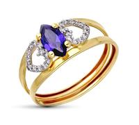 Inmaculada Romero IR Bague En or bicolore 9 carats, deux anneaux de zircon cubique bleu marquise combinés, largeur maximale de 8 mm.