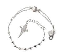 Inmaculada Romero IR Bouclier Bracelet Croix Chemin de Saint-Jacques-de-Compostelle en argent sterling 925, 17,5 cm. Double chaîne de perles de 2,5 mm. Coquillage de pèlerin de 7 mm.
