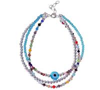 Inmaculada Romero IR Bracelet Collier triple en argent sterling 925, 17 cm de long, avec des pierres colorées de 2,5 mm, des perles lisses de 3 mm et un œil turc de 8 mm.