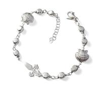 Inmaculada Romero IR Croix pendentif Bracelet de coquillages de pèlerin, Chemin de Saint-Jacques-de-Compostelle, argent sterling 925, 16 cm, carrés de 4 mm, coquillages de 10 mm, croix de 20 mm.
