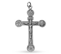 Inmaculada Romero IR Croix pendentif Pendentif crucifix en laiton plaqué argent de 94 mm. Représentation du calice de l'Annonciation de Jésus-Christ, du Père, du Fils et du Saint-Esprit.