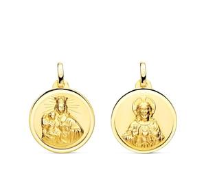 Inmaculada Romero IR Scapulaire Vierge de Carmen, Cœur de Jésus, Médaille en or 9 carats 16 mm, lunette lisse