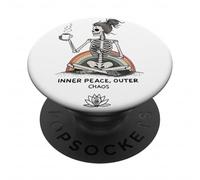 Inner Peace Outer Chaos Squelette Café Halloween Yoga PopSockets PopGrip Adhésif