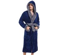Inner Wish Peignoir à capuche pour homme - Long peignoir en peluche confortable et chaud - Peignoir de spa avec poches, Bleu marine + gris foncé, Large-X-Large