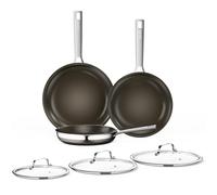 Innerwell Poêle à Frire en Céramique 20+24+28 cm avec Couvercle, Set de poêles en Acier Inoxydable Tri-ply, Grande Poêle à Induction avec Antiadhésif en Titane,Sans PFOA, Marron