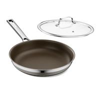 Innerwell Poêle à Frire en Céramique 28 cm avec Couvercle, Grande Poêle à Induction avec Antiadhésif en Titane, Poêle Anti-rayures en Acier Inoxydable Tri-ply, Sans PFOA, Marron