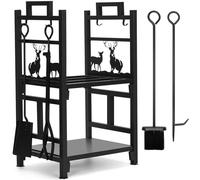 INNO STAGE Porte-bûches de cheminée Support à bois 2 couches en feu de fer avec 4 outils pour foyer - Brosse, pelle, tenaille et crochet