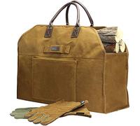 INNO STAGE Sac de transport de bûches de bois de chauffage Porte-fourre-tout en toile cirée avec cheminée Gants en cuir pur pour le transport de foin Camping en plein air, barbecue Barbecue