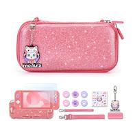 innoAura Switch Lite Case, Kit d'accessoires 15-en-1 avec étui de Transport, Protection d'écran, étui de Jeu et protège-Pouce en Forme de Chat (Rose pailleté)