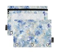 Innocent Lot de 2 trousses à crayons à 3 anneaux avec fenêtre transparente et fermeture éclair Motif fleurs écrasées Bleu
