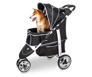 Innopet Monaco Poussette pour chiens et chats noire avec housse de pluie, Capacité 35 kg, pliable d'une seule main - Panier de rangement convertible - Roue avant pivotante à 360°, coussin double face