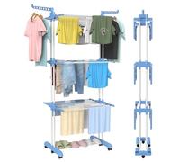 Innotic Etendoir Linge Intérieur et Extérieur, Pliable en 21 cm pour Un Gain de Place, 4 Niveaux Grande Séchoir à Linge Mobile avec 6 Roues, Seche Linge Solide, Acier Inoxydable, Bleu+Blanc