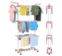Innotic Étendoir Linge Intérieur Extérieur, 4 Niveaux Séchoirs à Linge Pliable et Extensible Peu Encombrant, Grande Capacité Seche Linge Etendoir avec Roues, Acier Inoxydable, 172cm, Rose