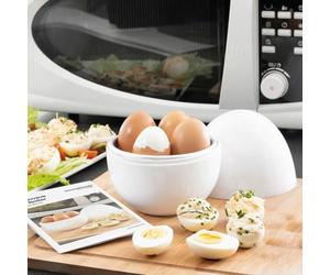 InnovaGoods Cuiseur à œufs micro-ondes rapide, sans matière grasse, Facile à nettoyer, Design argent, Sans BPA, Recettes incluses, Blanc, Aluminium/Polypropylène