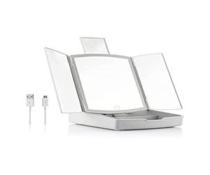 InnovaGoods - Miroir LED Pliable 3-en-1 avec Organisateur de Maquillage, 3 Modes d'éclairage, Design Compact, Lumière LED Intégrée, Idéal pour Voyages, USB ou Piles, Gris, 1.00 g, Verre