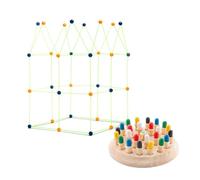 InnovaGoods Pack Kit de construction de forts pour enfants et échecs à mémoire en bois, 31 boules, 54 bâtons fluorescents, tissu de 120 x 150 cm, plateau, dé, 24 pions, sac de transport