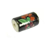 INNSPIRO Perle céramique cylindre émaillé noir avec fleur rouge diam. 10,5x16mm. 50u.