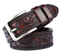 INOGIH Ceinture western en cuir véritable avec motif floral gravé pour homme - Boucle carrée décontractée pour décoration quotidienne, café, Suit for Waist 38''-41''