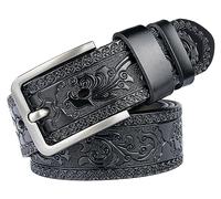 INOGIH Ceinture western en cuir véritable avec motif floral gravé pour homme - Boucle carrée décontractée pour décoration quotidienne, noir, Suit for Waist 38''-41''