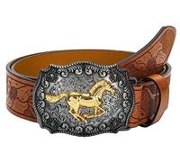 INOGIH Ceintures à boucle en cuir de cowboy pour homme avec boucle longue corne fleurie gravée pour jeans 83,8 cm à 106,7 cm, Cheval marron, For Waist 34''- 39''
