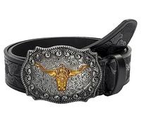 INOGIH Ceintures à boucle en cuir de cowboy pour homme avec boucle longue corne fleurie gravée pour jeans 83,8 cm à 106,7 cm, Bull-black, For Waist 25''- 30''