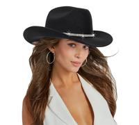 INOGIH Chapeau Femme Homme Western Cowboy Cowgirl Fedora avec Fermeture à Enfiler pour l'Extérieur à Large Bord, Noir avec Strass, M
