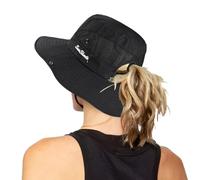 INOGIH Chapeaux de soleil pliables en maille à large bord avec trou pour queue de cheval pour femme Protection UV, Noir, taille unique