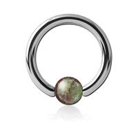 Inoki - Anneau acier avec boule pierre Green Wood Marble - Jonc/Tige 3.2 mm, Diamètre 14 mm, Boule 6 mm