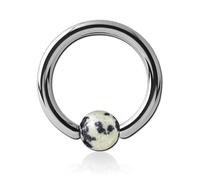 Inoki - Anneau acier avec boule pierre Jaspe Dalmatien - Jonc/Tige 1.6 mm, Diamètre 14 mm, Boule 6 mm