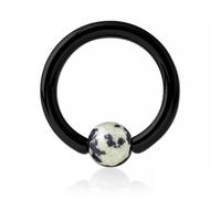 Inoki - Anneau acier noir avec boule pierre Jaspe Dalmatien - Jonc/Tige 2 mm, Diamètre 10 mm, Boule 4 mm