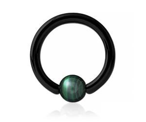 Inoki - Anneau acier noir avec boule pierre Malachite - Jonc/Tige 2.5 mm, Diamètre 16 mm, Boule 6 mm