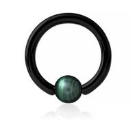 Inoki - Anneau acier noir avec boule pierre Malachite - Jonc/Tige 3.2 mm, Diamètre 12 mm, Boule 6 mm