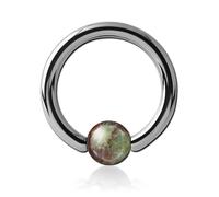 Inoki - Anneau titane avec boule pierre Green Wood Marble - Jonc/Tige 2.5 mm, Diamètre 14 mm, Boule 6 mm