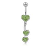 Inoki - Banane de nombril argent articulée cristal autrichien Trois Coeurs - Jonc/Tige 1.6 mm, Long. int. 10 mm, Boule 5 mm - Peridot