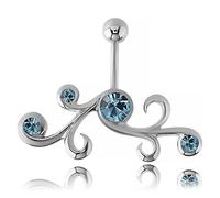 Inoki - Banane de nombril argent cristal autrichien Arabesque - Jonc/Tige 1.6 mm, Long. int. 10 mm, Boule 5 mm - Aiguemarine