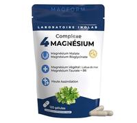 INOLAB SYNERGIE 4 MAGNESIUM Bisglycinate + Malate + Végétal + chélaté Taurine| 1980mg/jour & B6 | 300mg Mg pur/jour |Tolérance et Assimilation supérieures au Mg Marin | Qualité Premium
