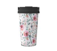 InOmak Aquarelle de la flore australienne : eucalyptus et fleurs roses,Tasse à café portable de 500 ml en acier inoxydable, isotherme.