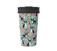 InOmak Boston Terrier avec des fleurs,Tasse à café portable de 500 ml en acier inoxydable, isotherme.