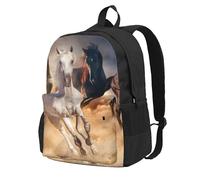 InOmak Cheval sauvage courant contre la tempête de sable,Sac à dos à poches, sac à dos décontracté, sac d'école résistant à l'eau pour les voyages, la randonnée ou le camping
